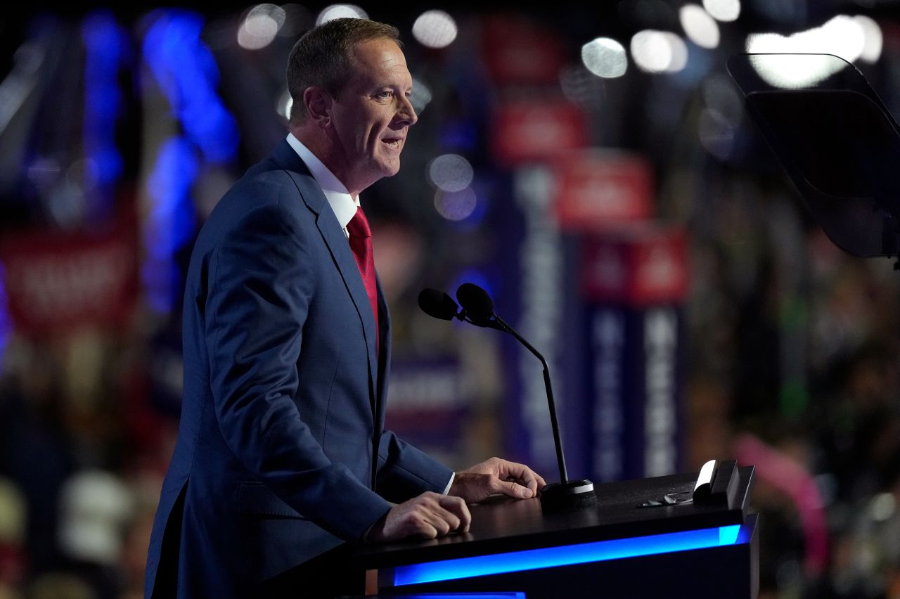 Sen. Eric Schmitt speaks at the Republican National Convention on July 16 in Milwaukee.