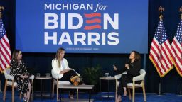 Vice President Kamala Harris, right, speaks at a campaign event in Kalamazoo, Michigan, on July 17, 2024.