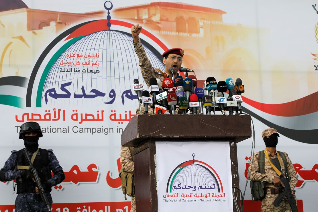 Houthi military spokesman Yehya Saree speaks at a rally against Israel and the United States on Friday.