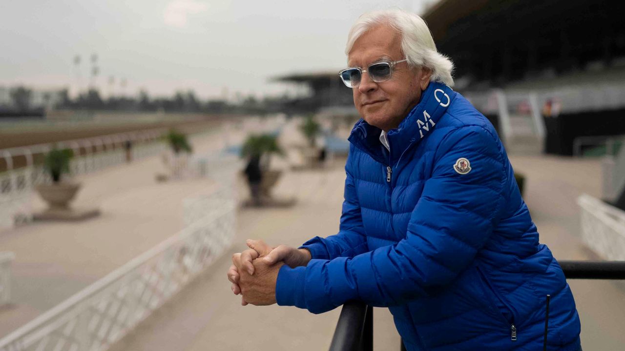 FILE - Trainer Bob Baffert stands for a photo ahead of the Breeders' Cup horse races at Santa Anita in Arcadia, Calif., Oct. 27, 2023.