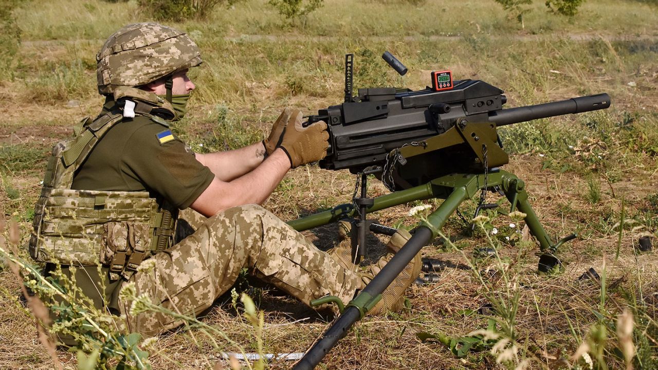 A Ukrainian serviceman of 141st Separate Infantry brigade seen firing from ?? 19 (Mark 19, 40mm automatic grenade-launcher, USA) during the military practices near Zaporizhzhia. Ukrainian President Volodymyr Zelenskyy said that Kyiv has 14 new brigades ready, but not yet fully armed, as the new weapons are still arriving slowly and training takes time. Ukrainian Defense Minister Rustem Umerov said that the Ukrainian army faces more than 500,000 Russian troops and in the next months, the Kremlin plans to increase the number by 300,000 through actively recruiting mercenaries. (Photo by Andriy Andriyenko / SOPA Images/Sipa USA)(Sipa via AP Images)