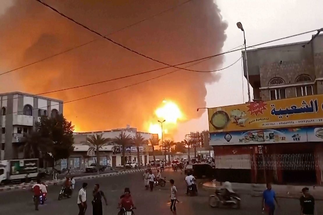 Smoke and flames rise from a location in Hodeidah, Yemen, following an Israeli attack, Saturday, July 20, 2024.