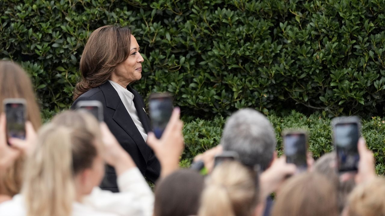 Vice President Kamala Harris arrives to speak from the South Lawn of the White House in Washington, Monday, July 22, 2024, during an event with NCAA college athletes.