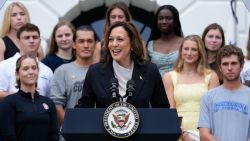 Vice President Kamala Harris speaks from the South Lawn of the White House in Washington, Monday, July 22, 2024, during an event with NCAA college athletes. This is her first public appearance since President Joe Biden endorsed her to be the next presidential nominee of the Democratic Party. (AP Photo/Susan Walsh)