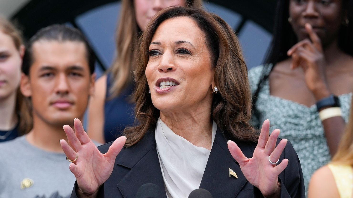 Vice President Kamala Harris speaks from the South Lawn of the White House in Washington, Monday, July 22, 2024, during an event with NCAA college athletes.