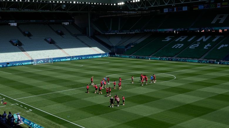 Canada's women's soccer team trains at the Geoffroy-Guichard Stadium in Saint-Étienne ahead of the 2024 Summer Olympics, on July 23, 2024.