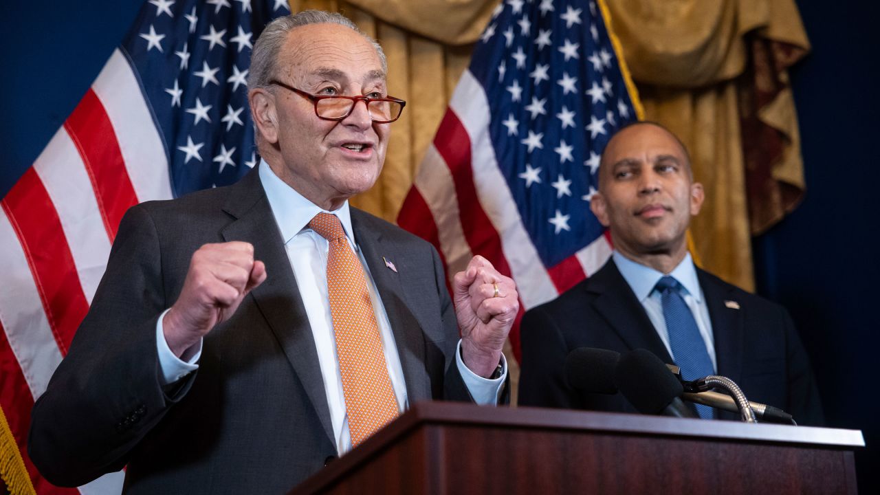 Senate Majority Leader Chuck Schumer, left, and House Minority Leader Hakeem Jeffries hold a news conference to endorse Vice President Kamala Harris as the Democratic presidential nominee on Capitol Hill on July 23, 2024.