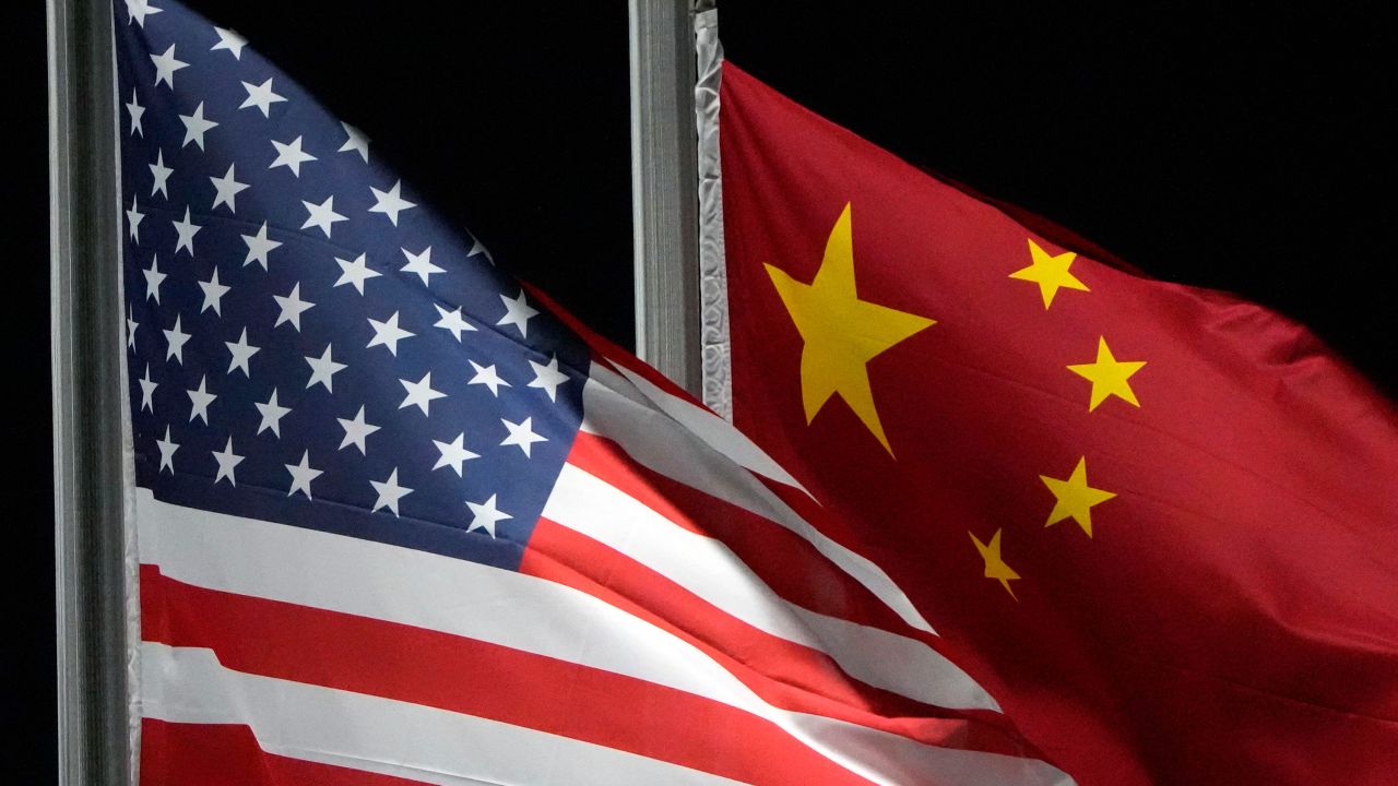 The American and Chinese flags are seen in Zhangjiakou, China. of the 2022 Winter Olympics on February 2, 2022.