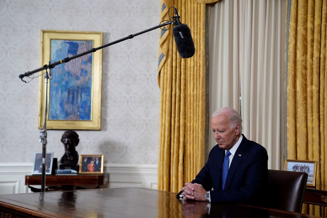 President Joe Biden addresses the nation from the White House Oval Office on July 24, 2024, explaining his decision not to seek reelection.