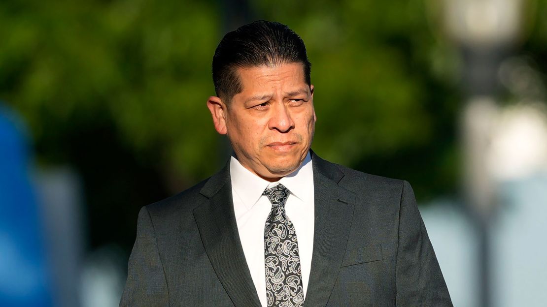 Former Uvalde schools police officer Adrian Gonzales arrives at the Uvalde County Courthouse on Thursday. He is accused of abandoning and failing to protect children.