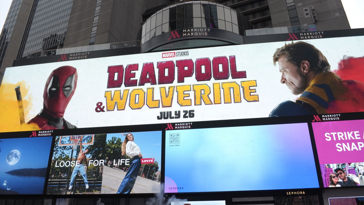 A billboard for the film, Deadpool & Wolverine, is seen in Times Square, Manhattan, New York City, on July 25. (Photo by Jimin Kim / SOPA Images/Sipa USA)(Sipa via AP Images)