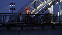 Drag queens prepare to perform on the Debilly Bridge in Paris, during the opening ceremony of the 2024 Summer Olympics, Friday, July 26, 2024. (AP Photo/Tsvangirayi Mukwazhi)