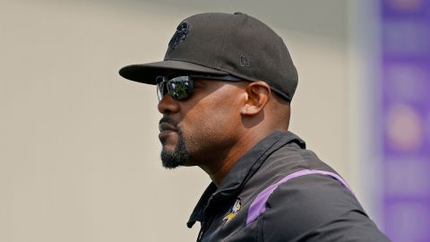 Minnesota Vikings defensive coordinator Brian Flores watches as his team works through a play during NFL football training camp on July 27, 2024 in Eagan, Minnesota.