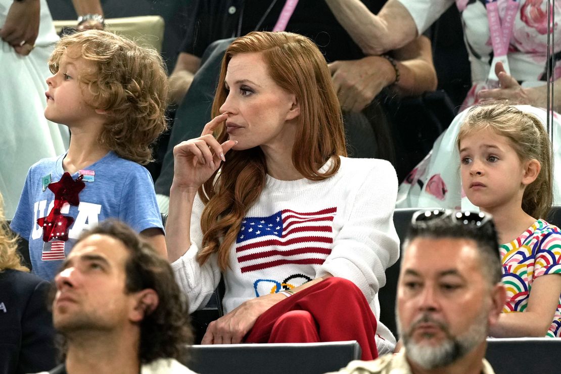 Jessica Chastain opted for the same knit Ralph Lauren sweater as the US First Lady as she watched the women's artistic gymnastics qualification round.