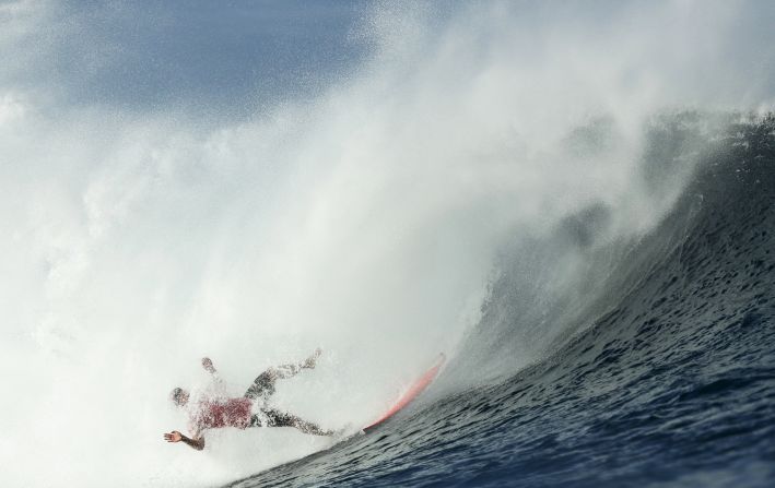 Japanese surfer Reo Inaba wipes out during the third round of competition on July 29.