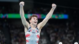 Stephen Nedoroscik, of the United States, performs on the pommel horse during the men's artistic gymnastics team finals round at Bercy Arena at the 2024 Summer Olympics, Monday, July 29, 2024, in Paris, France. (AP Photo/Abbie Parr)