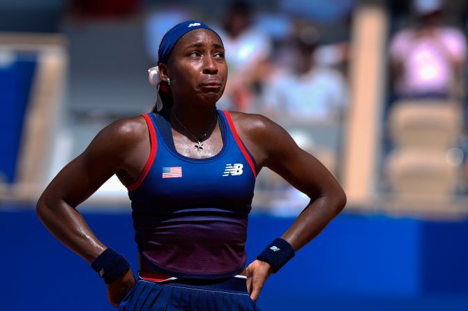 US tennis star Coco Gauff cries after arguing with chair umpire Jaume Campistol during the second set of her match against Croatia’s Donna Veki? on July 30. Gauff was facing a break point when a line call, initially called out, was overruled by Campistol. <a >Veki? went on to win 7-6, 6-2</a>.