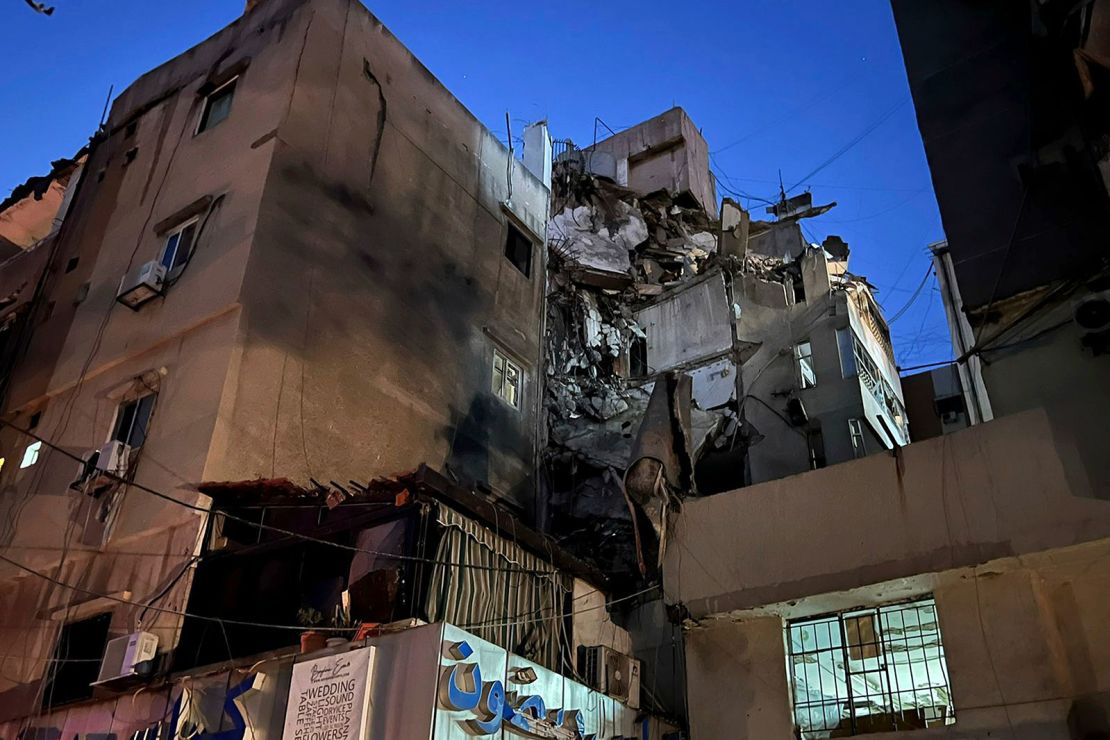 A damaged building that was hit by an Israeli airstrike in the southern suburbs of Beirut, Lebanon on Tuesday.