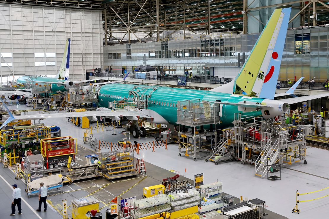 A Boeing 737 MAX aircraft is shown on the assembly line at the Boeing facility in Renton, Washington.