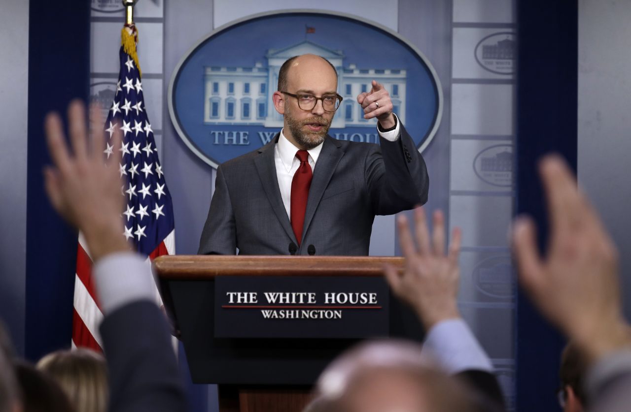 Russel Vought speaks during a press briefing at the White House, in Washington, DC, on March 11, 2019.