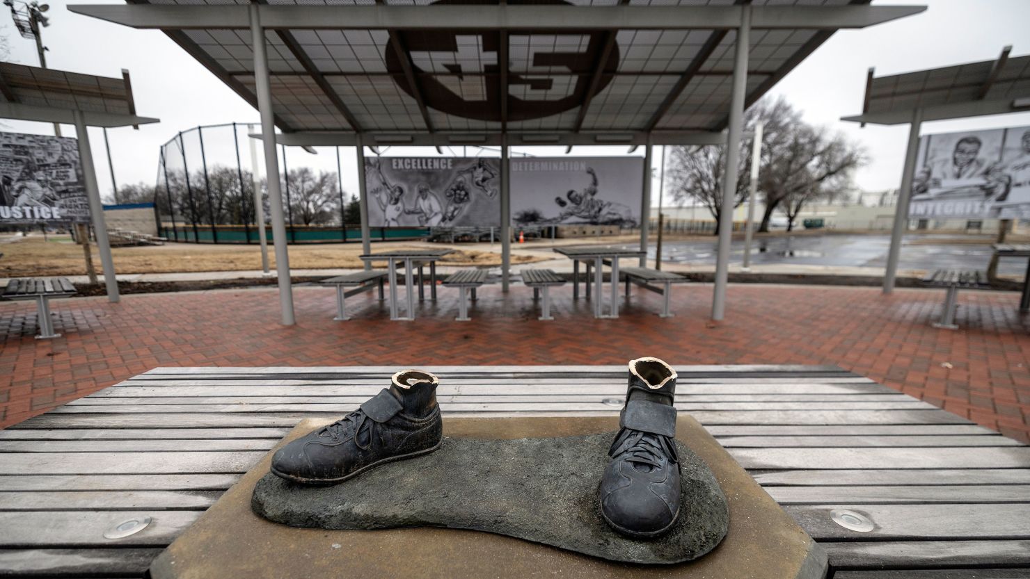 All that remained at the Jackie Robinson statue site in January were the shoes.