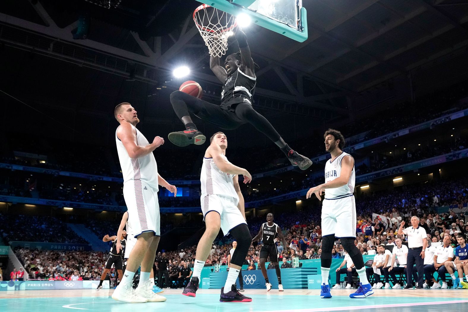 South Sudan's Wenyen Gabriel dunks during a game against Serbia on August 3.