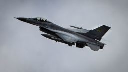 This image taken on August 4 shows a Ukrainian Air Force's F-16 fighter jet flying in an undisclosed location in Ukraine.