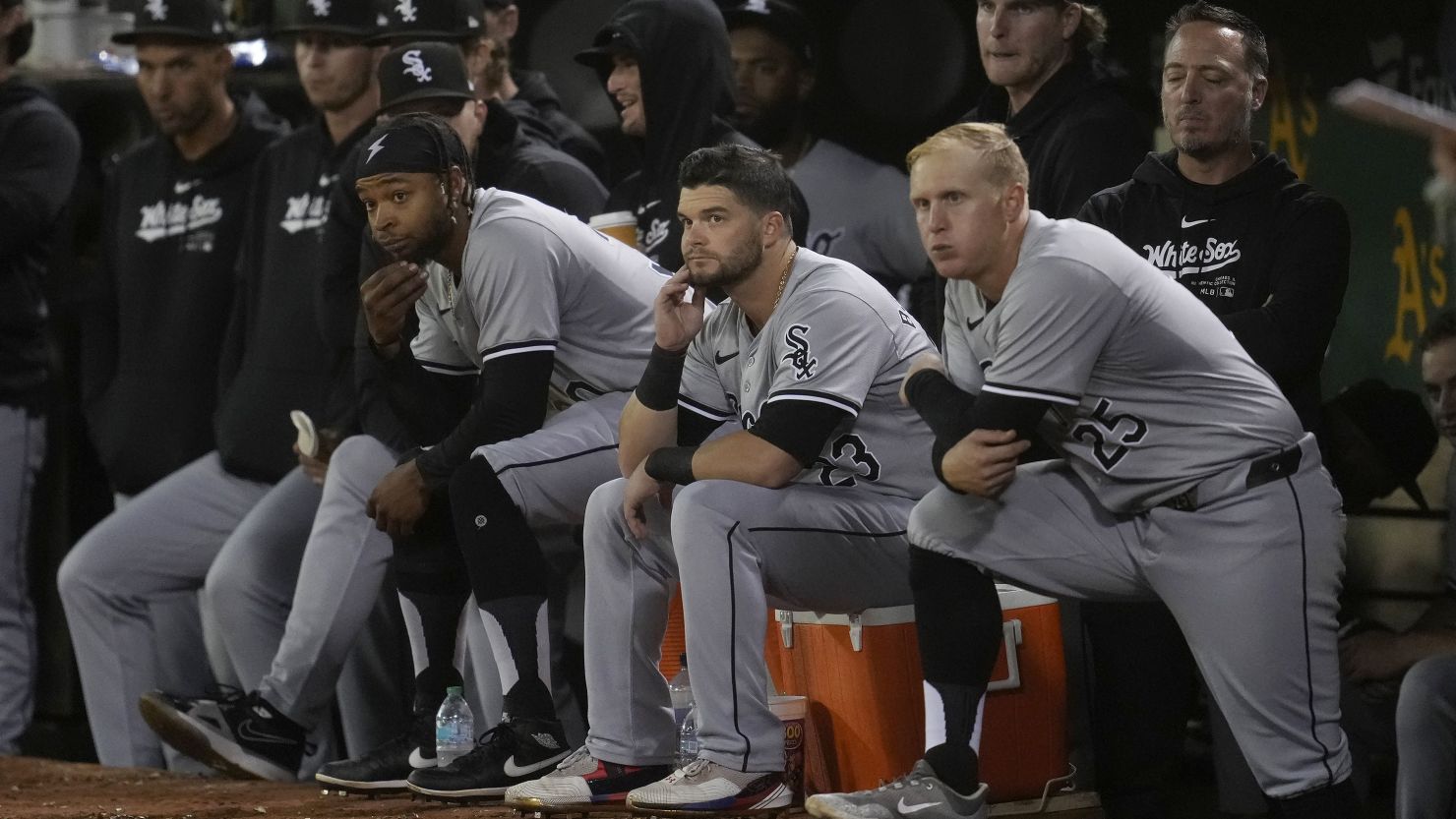 Chicago White Sox players react from the dugout during the eighth inning of the game against the Oakland Athletics on Monday.