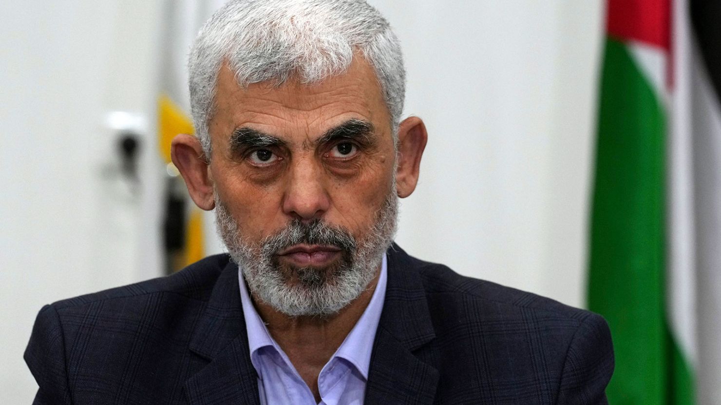 Hamas leader Yahya Sinwar chairs a meeting with leaders of Palestinian factions at his office in Gaza City on April 13, 2022.