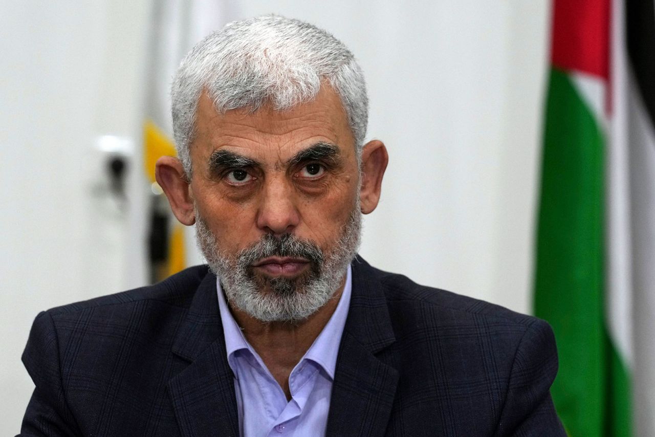 Yahya Sinwar during a meeting with leaders of Palestinian factions at his office in Gaza City, April 13, 2022.