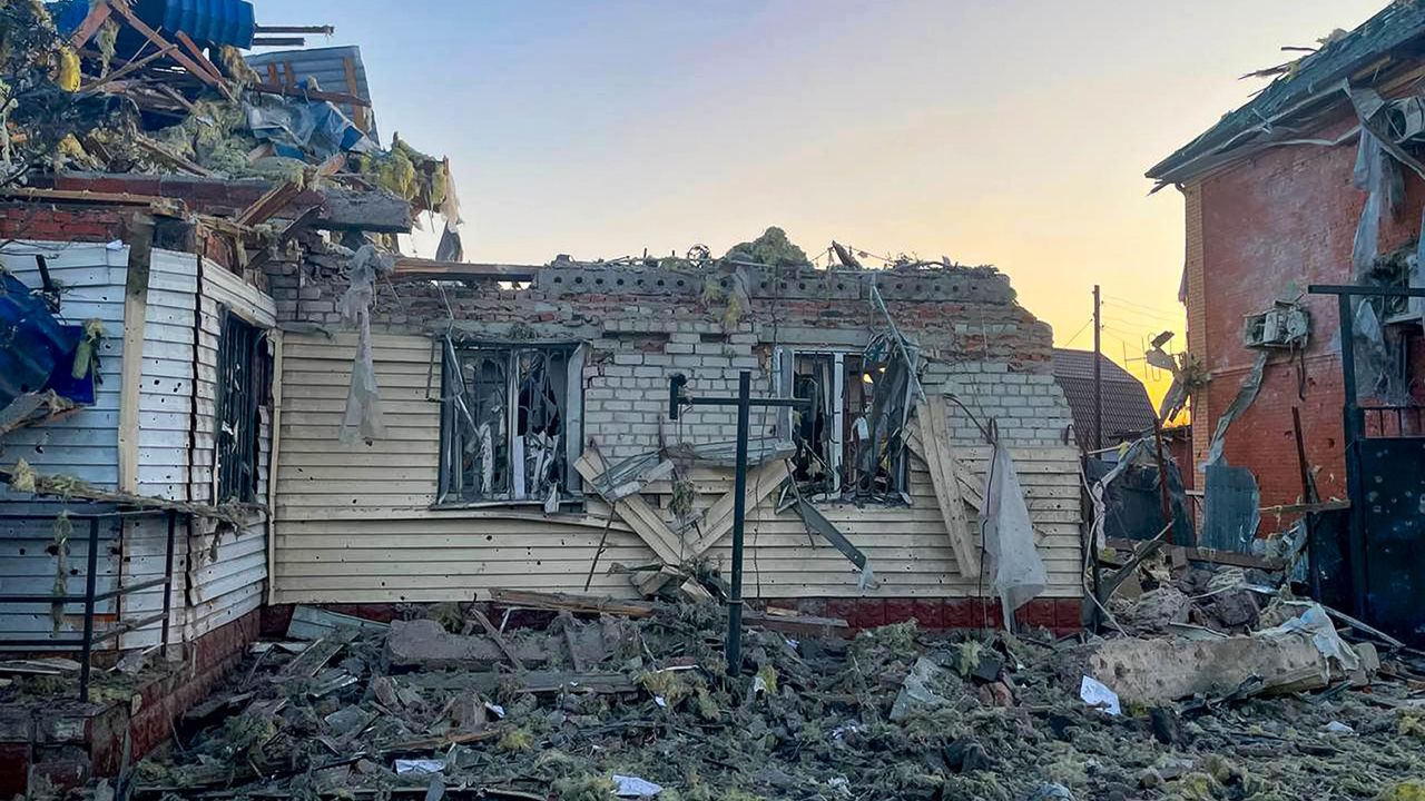 This photo released by the acting Governor of Kursk region Alexei Smirnov telegram channel , shows a damaged house after shelling by the Ukrainian side in the city of Sudzha, Kursk region that borders Ukraine, Tuesday, Aug. 6, 2024. Russian officials said Wednesday they were fighting off Ukrainian cross-border raids in a southwestern border province for a second day, as Kyiv officials remained quiet about the scope of the operation. (Governor of Kursk region telegram channel via AP)