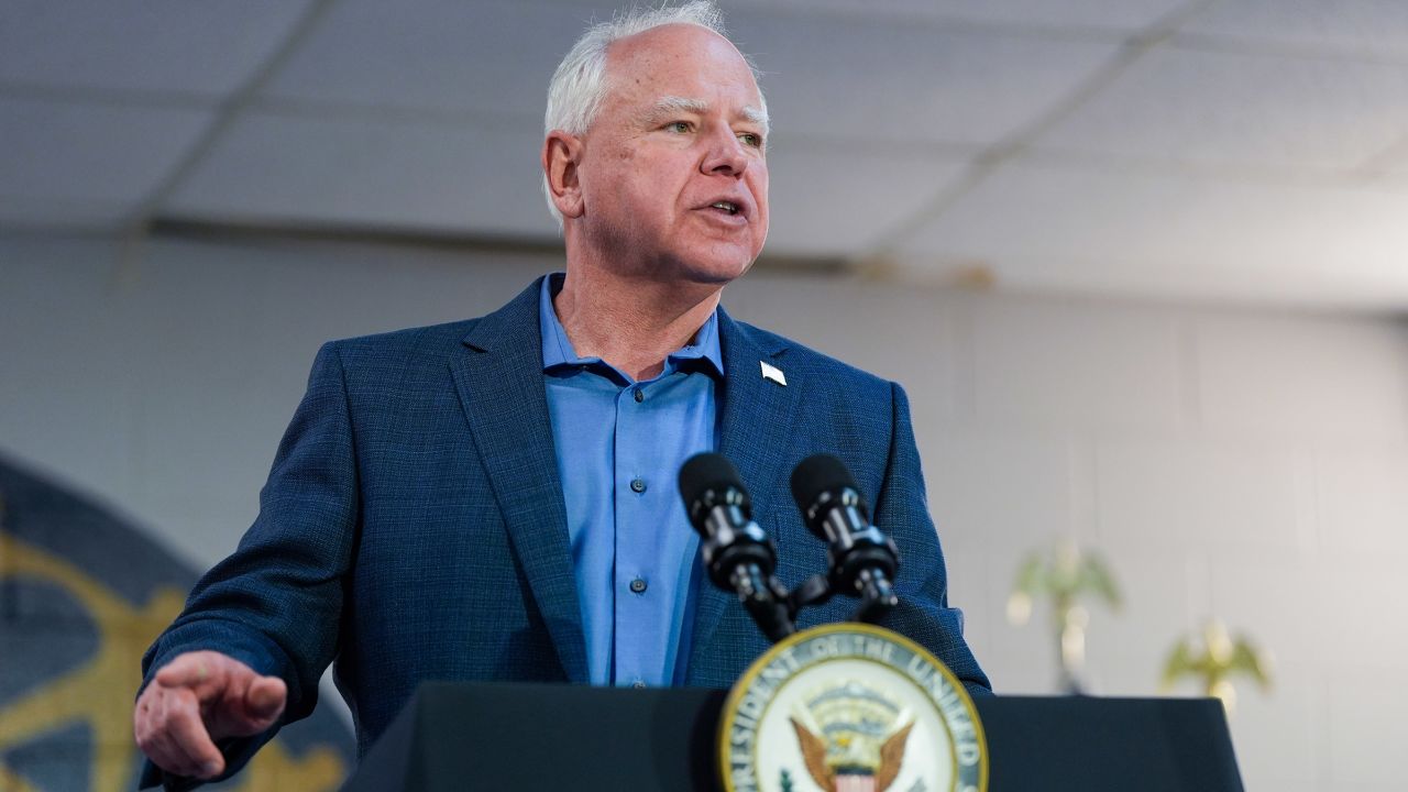 Democratic vice presidential nominee Minnesota Gov. Tim Walz speaks at a campaign rally at UAW Local 900 in Wayne, Michigan on August 8, 2024,