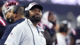 New England Patriots head coach Jerod Mayo watches a replay during the first half of the preseason game against the Carolina Panthers.