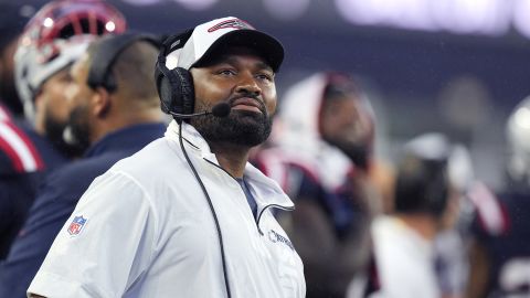 New England Patriots head coach Jerod Mayo watches a replay during the first half of the preseason game against the Carolina Panthers.