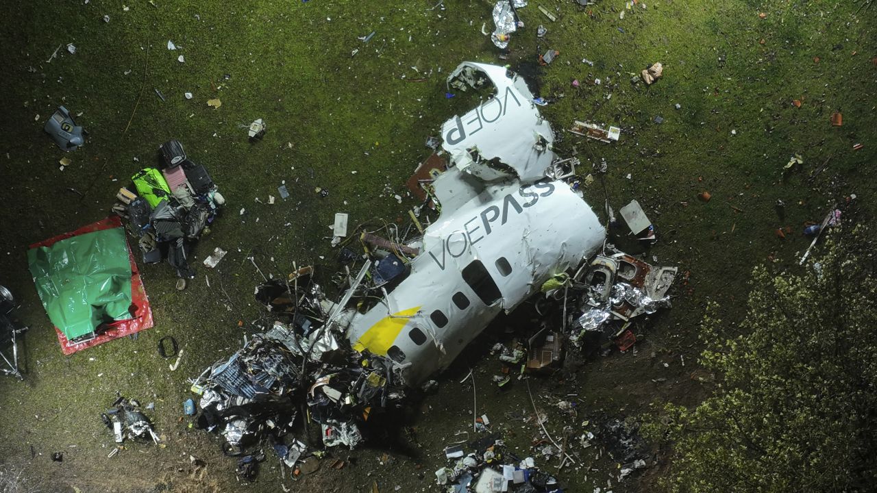 The debris at the site where an airplane crashed with 61 people on board, in Vinhedo, Sao Paulo state, Brazil, early on Saturday, Aug. 10, 2024. Brazilian authorities are working to piece together what exactly caused the plane crash in Sao Paulo state the previous day, killing all 61 people aboard.