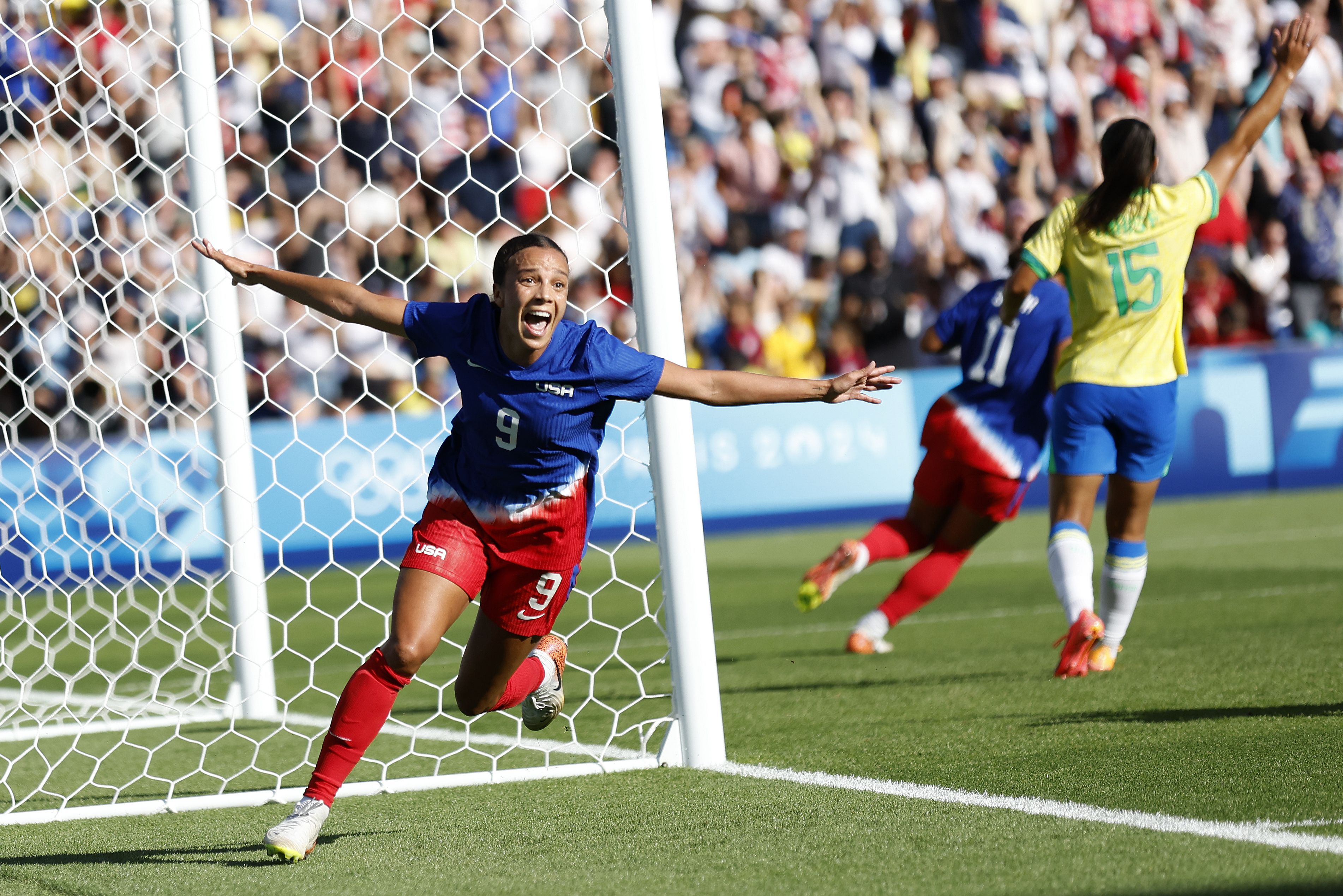 USA's Mallory Swanson celebrates after scoring a goal against Brazil in the women's soccer final match on Saturday, August 10. USA won 1-0 to <a href="https://www.cnn.com/2024/08/10/sport/usa-brazil-womens-soccer-paris-olympics-spt-intl/">claim the gold medal</a>.