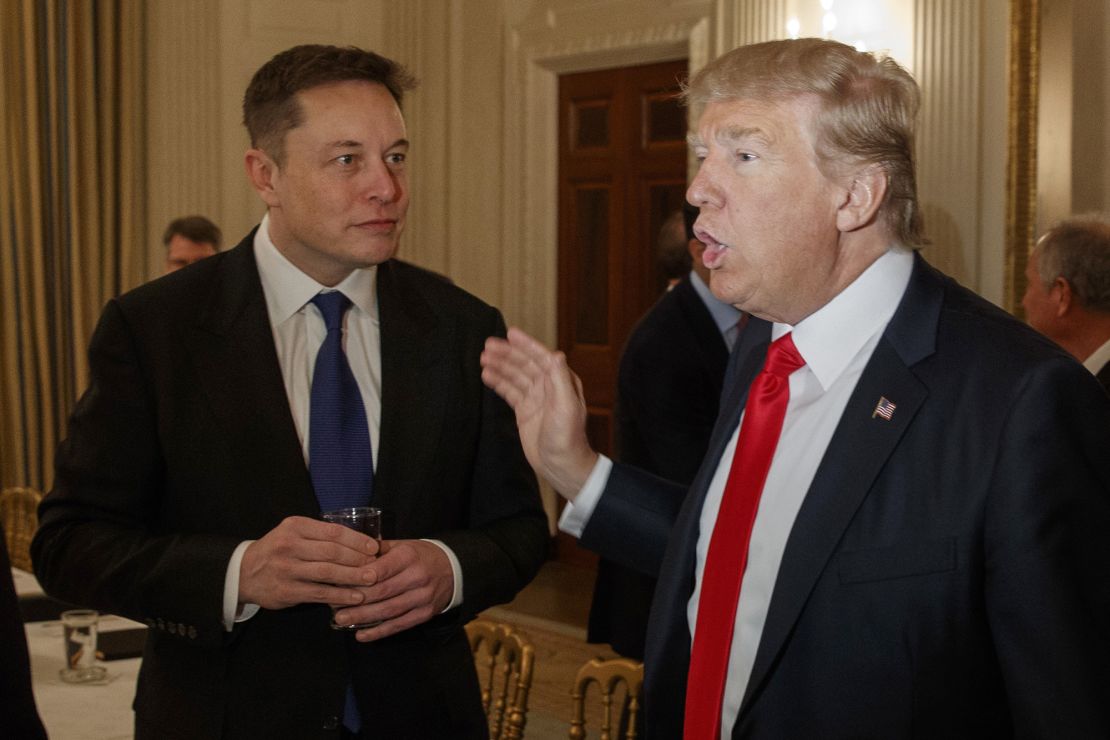 Then-President Donald Trump, right, talks with Tesla and SpaceX CEO Elon Musk at the White House in Washington, on February 3, 2017. Musk officially acquired Twitter in October 2022.