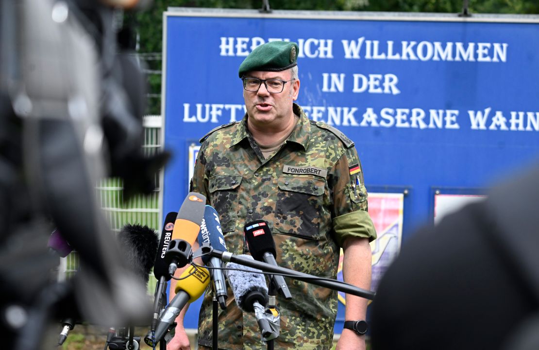 Lieutenant Colonel Ulrich Fonrobert speaks to reporters on Wednesday.