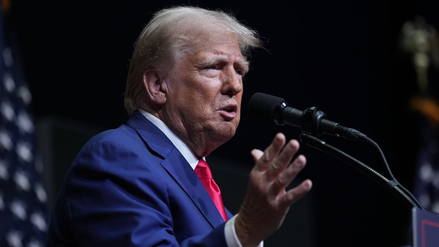 Republican presidential nominee former President Donald Trump speaks at a campaign rally in Asheville, NC, Wednesday, August 14, 2024.