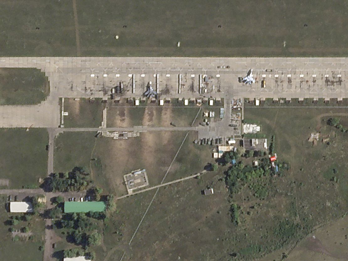 Damaged fighter jets are seen at the Borisoglebsk Air Base in Russia after an attack by Ukrainian drones on Wednesday, August 14.