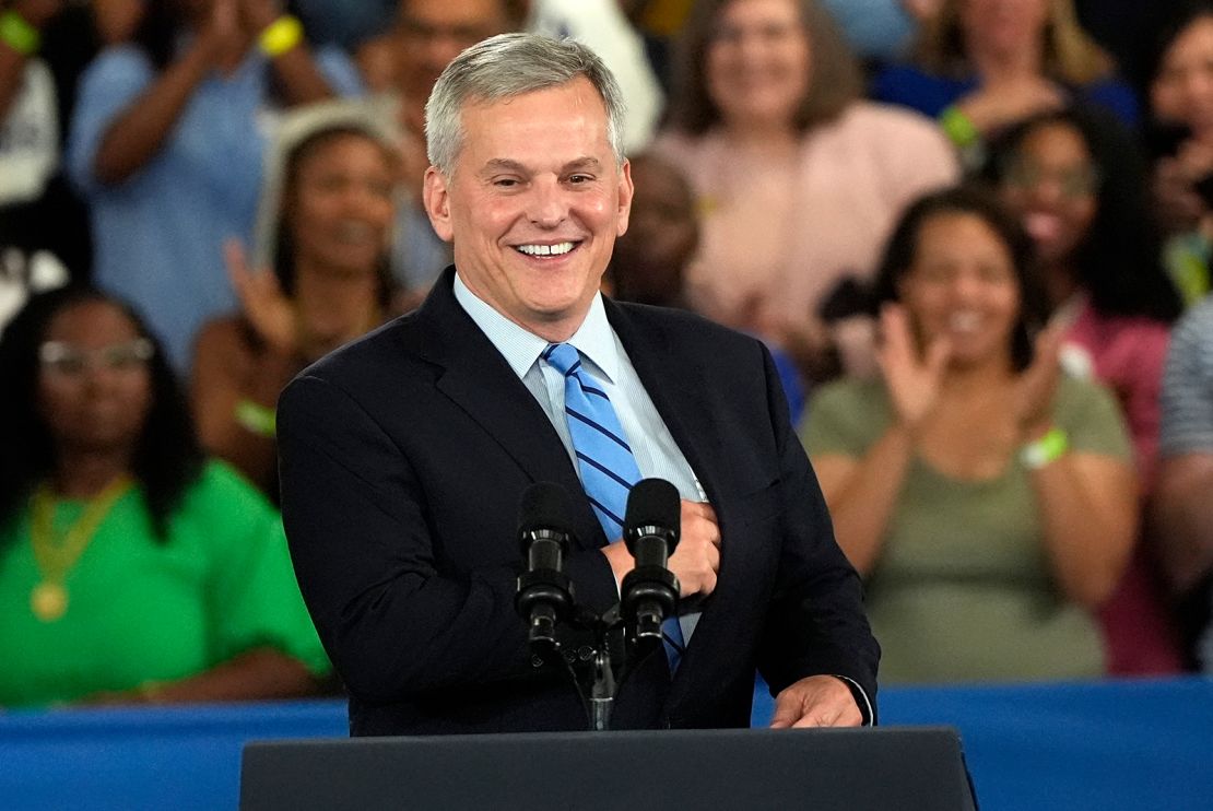 North Carolina Attorney General Josh Stein speaks at a campaign event for Vice President Kamala Harris in Raleigh on August 16, 2024.