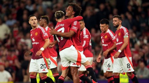 Manchester United's Joshua Zirkzee celebrates scoring against Fulham during the Premier League match at Old Trafford, Manchester, on August 16, 2024.