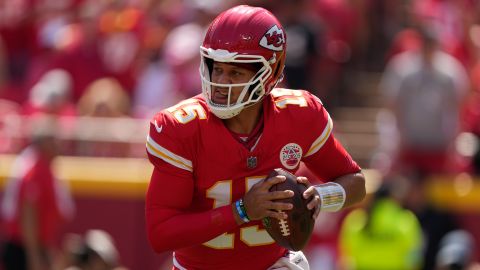 Kansas City Chiefs quarterback Patrick Mahomes (15) looks to pass against the Detroit Lions during the first half of an NFL preseason football game Saturday, Aug. 17, 2024, in Kansas City, Mo.