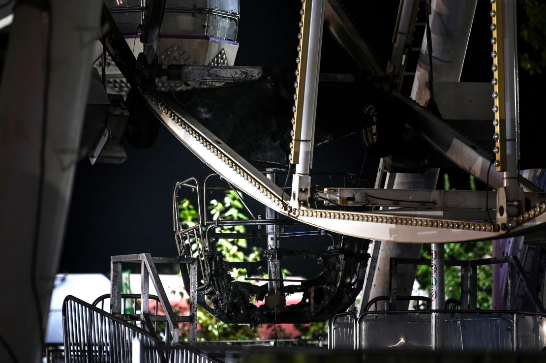 A burnt-out carriage of the Ferris wheel.