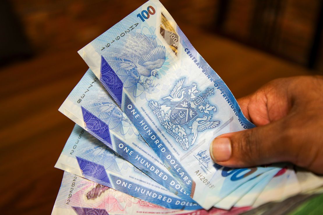 Trinidad and Tobago dollars bearing the coat of arms in Port-of-Spain on Aug. 20, 2024.