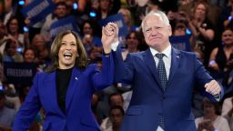 Democratic presidential nominee Vice President Kamala Harris and running mate Minnesota Gov. Tim Walz appear at the Fiserv Forum during a campaign rally in Milwaukee, Tuesday, August 20, 2024.