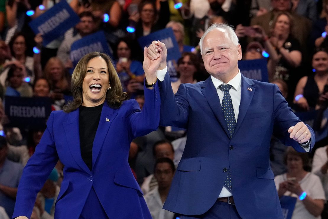 Democratic presidential nominee Vice President Kamala Harris and running mate Minnesota Gov. Tim Walz appear at the Fiserv Forum during a campaign rally in Milwaukee, Tuesday, August 20.