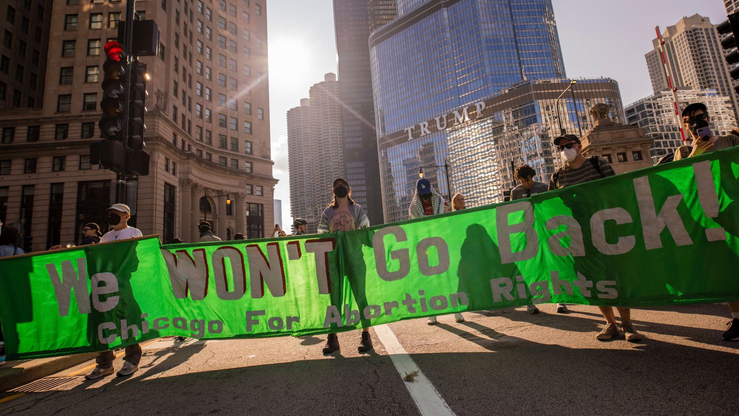 Abortion rights protesters march in Chicago on August 18, 2024.