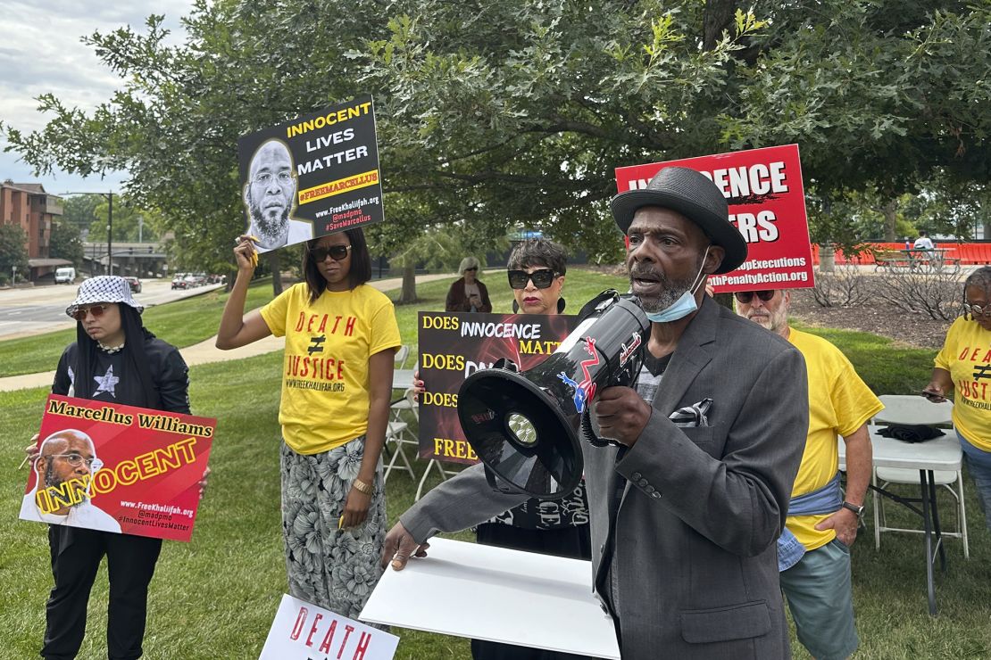 Joseph Amrine, who was exonerated two decades ago after spending years on death row, speaks at a rally to support Missouri death row inmate Marcellus Williams on Wednesday, August 21, 2024, in Clayton, Missouri.