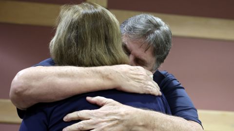 Joe and Rae Dowling comfort each other during a hearing for Terry McKirchy, the babysitter charged with murder for the death of their son Benjamin Dowling after she allegedly permanently injured him by shaking him as a 5-month-old in the 1980s, at the Broward County Courthouse in Fort Lauderdale, Fla., Wednesday, Aug. 21, 2024.